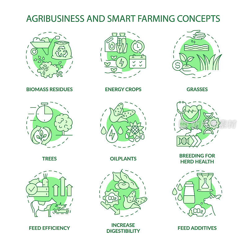 农业综合企业和智能农业绿色概念图标设置。眼镜和油菜花想法细线彩色插图。孤立的轮廓图纸。可编辑的中风。使用Roboto-Medium、Myriad Pro-Bold字体